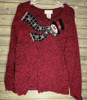 Vtg Mandal Bay Womens Sweater XXLarge Red Novelty Snowmen Holiday Winter Pearls